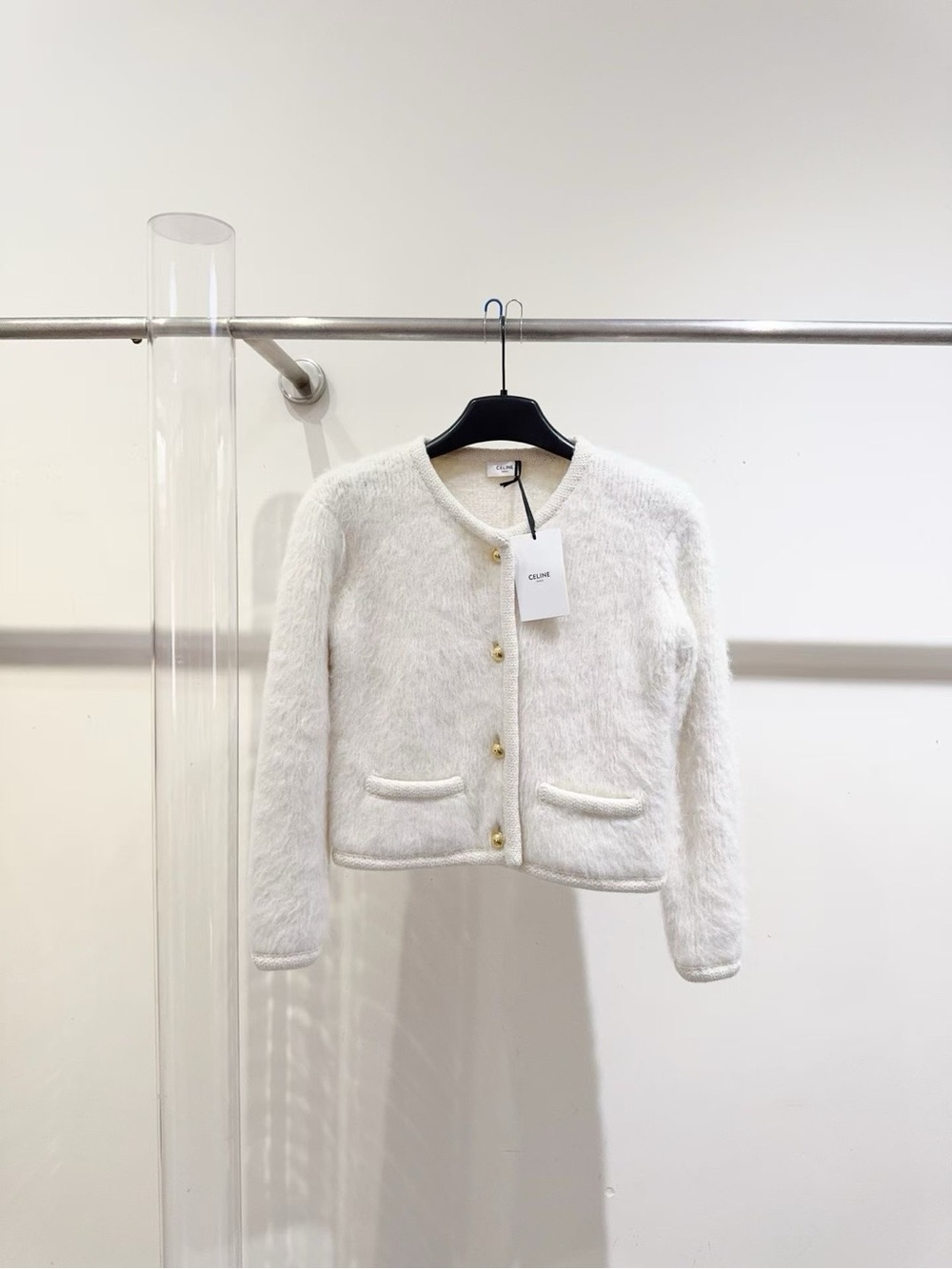 🚩steal Celine Cream Fuzzy Knit Cardigan Jacket with Gold Buttons